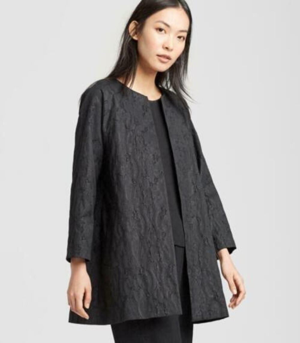 EILEEN FISHER NWT Black Shimmer Jacquard Long Open-Front Jacket // S